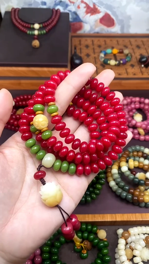 手串白玉菩提红菩提小米珠108颗雕刻火莲花手串