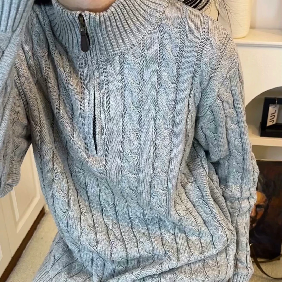 『语桉爆款』经典小标刺绣logo羊毛混纺高领套头半拉链针织绞花毛衣