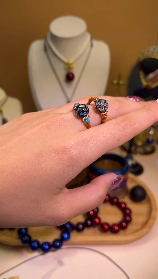 榕城大漆青花瓷变彩0.8戒指一对