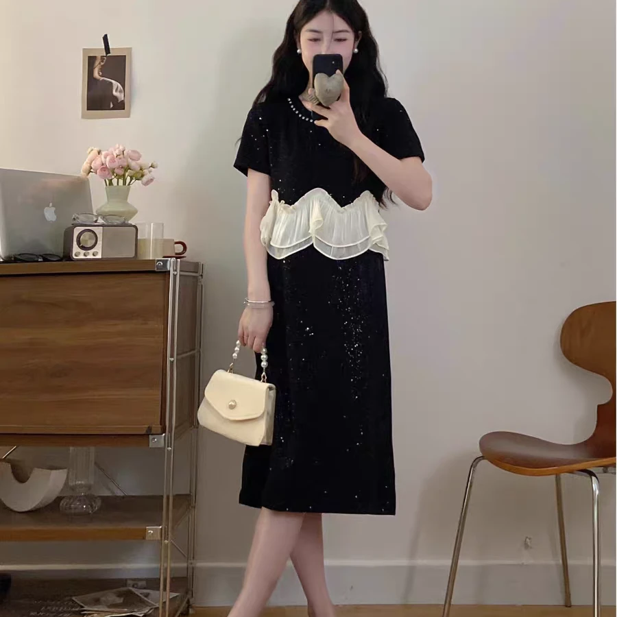 大码法式甜美风荷叶边拼接设计高级感收腰显瘦气质连衣裙女夏1759