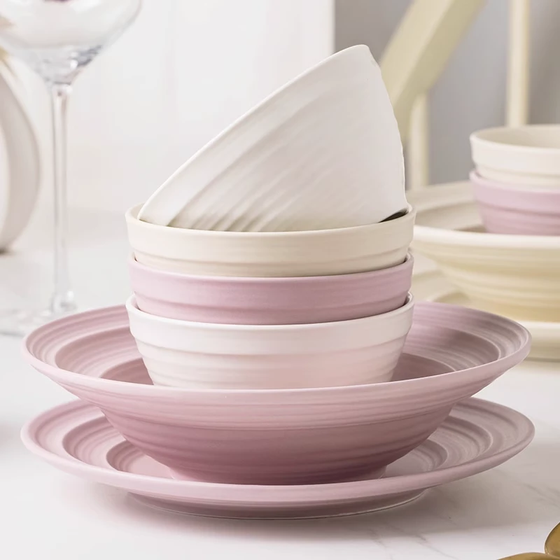 奶油风景德镇陶瓷餐具粉色奶白餐具釉下彩碗盘碗筷乔迁之喜送礼