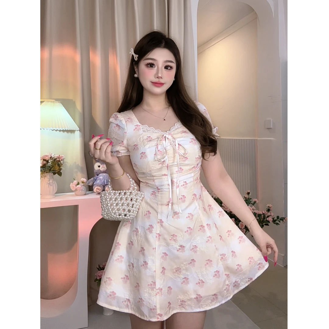 大码女装法式黄色碎花短袖连衣裙夏日绝美小裙子12292