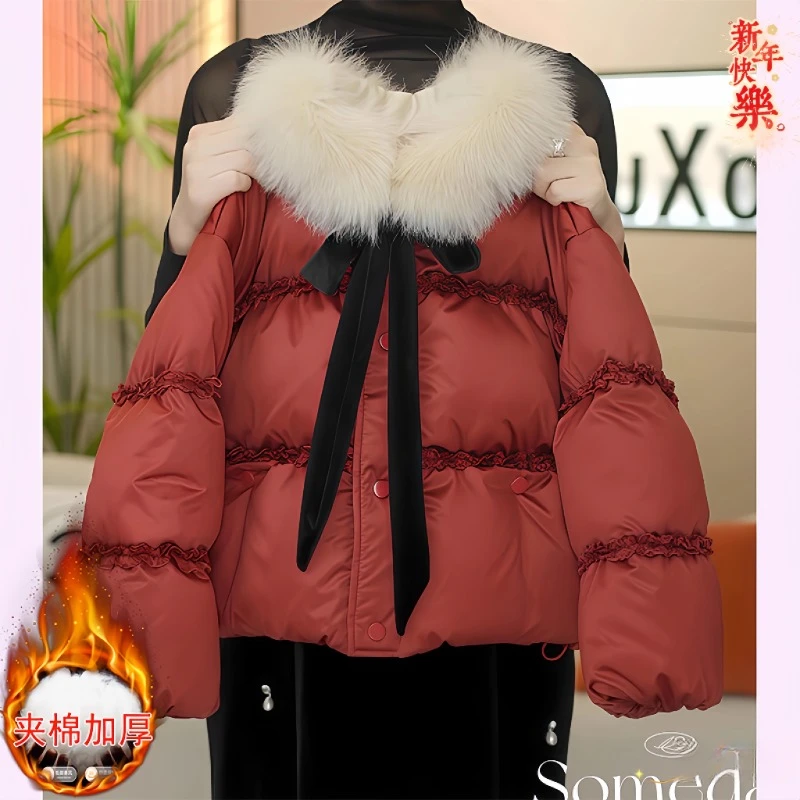 女童红色加厚小香风棉服2025新款冬装短款本命年毛领棉衣外套棉袄