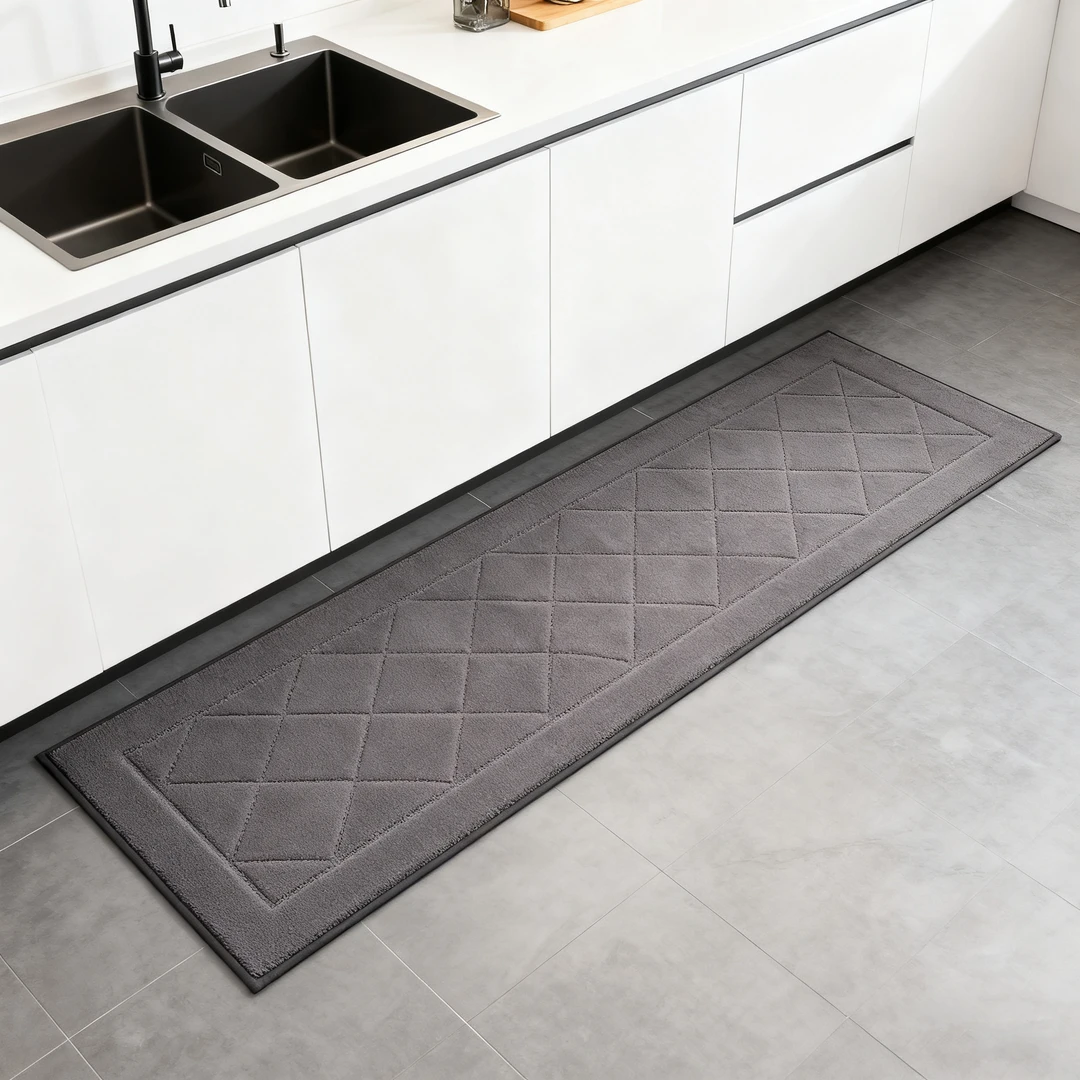 高级灰菱格厨房地垫简约轻奢防油吸水脚垫适配现代极简厨房易清洁