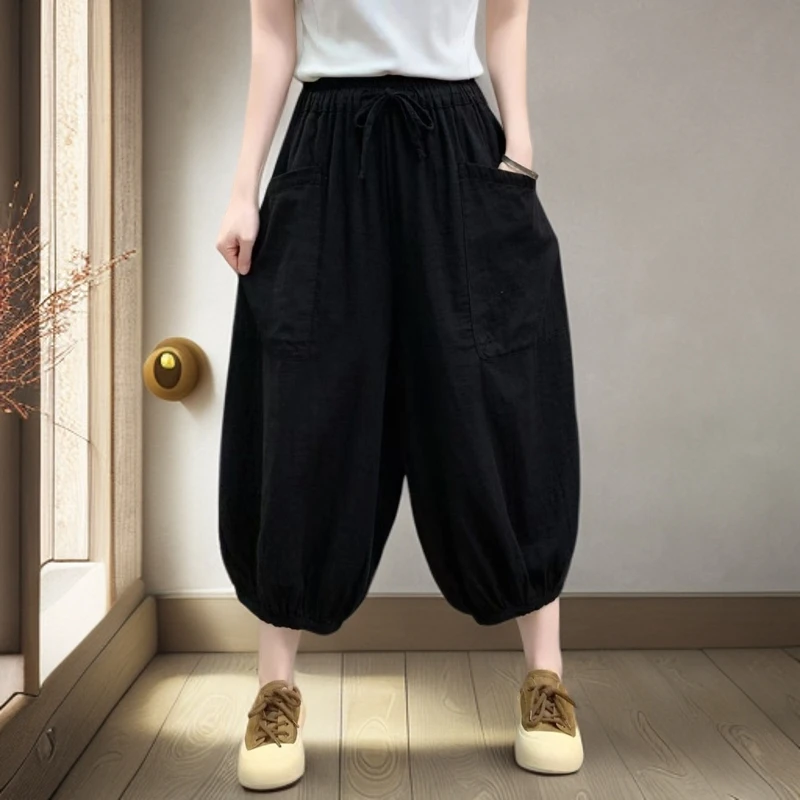 MF-棉麻双层纱（口袋）八分裤女薄款灯笼裤休闲裤(臀围150裤长80）