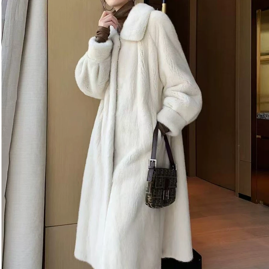 海宁新款进口米兰大衣女士显瘦105长款时尚洋气仿皮草外套立领