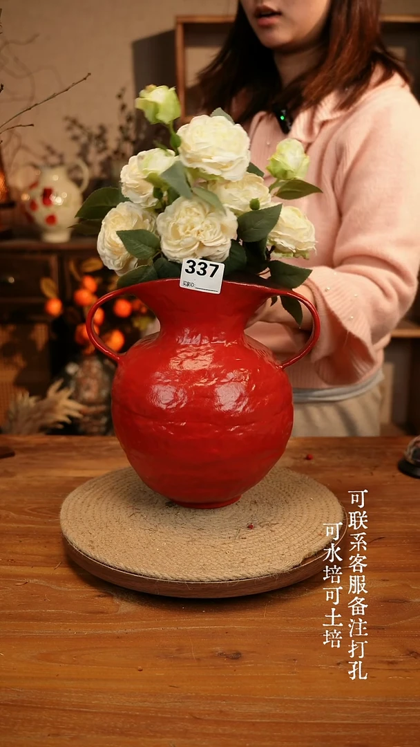 陶瓷337红色双耳大肚瓶可水培可土培