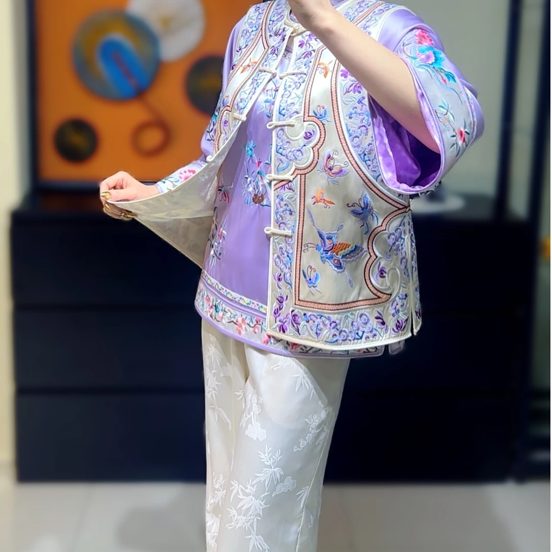 原创复古新中式人丝醋酸提花刺绣直筒裤中国风阔腿裤【有口袋】宽松