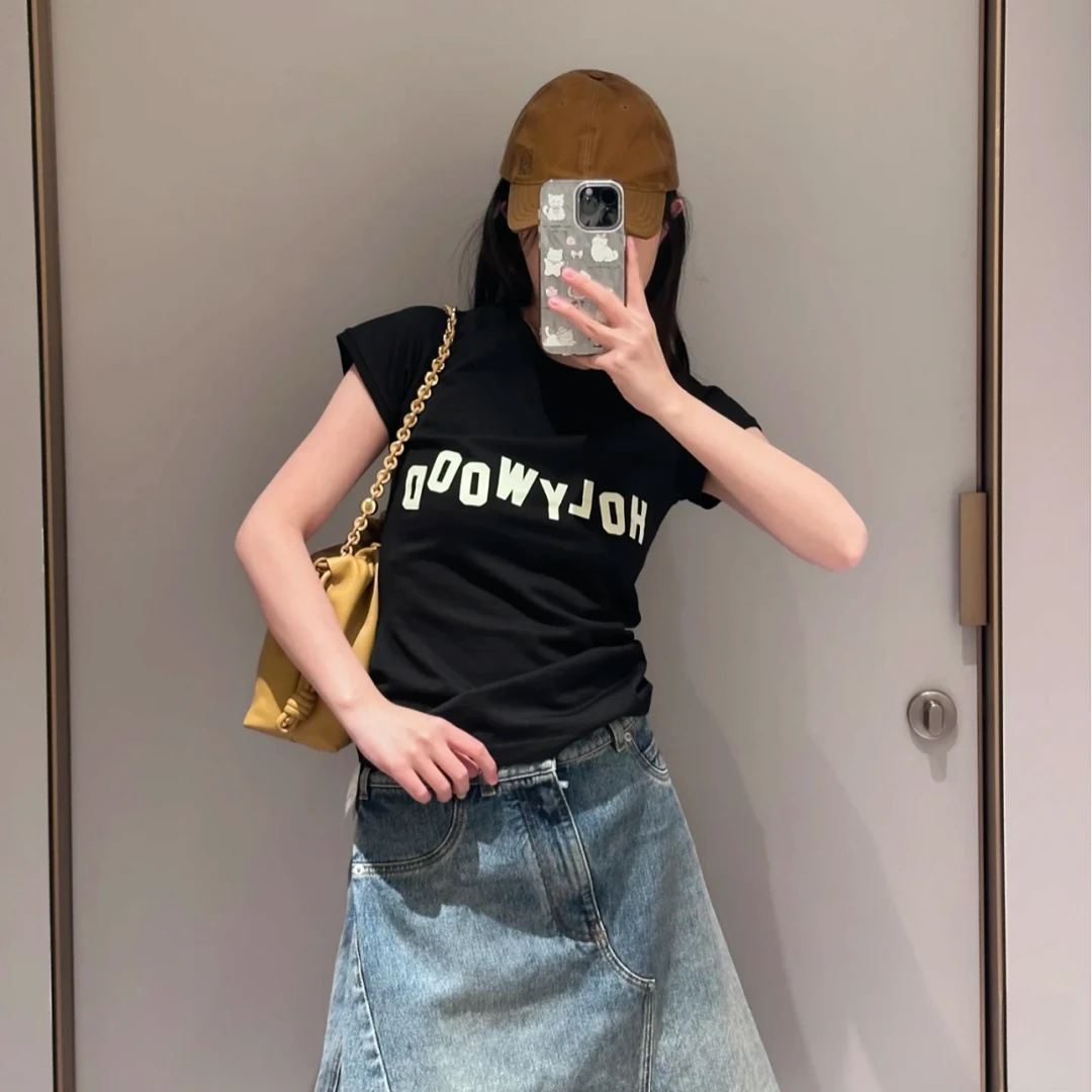 「长芯」南油25S圆领印花字母修身显瘦弹力插肩短袖女YZ24K01138