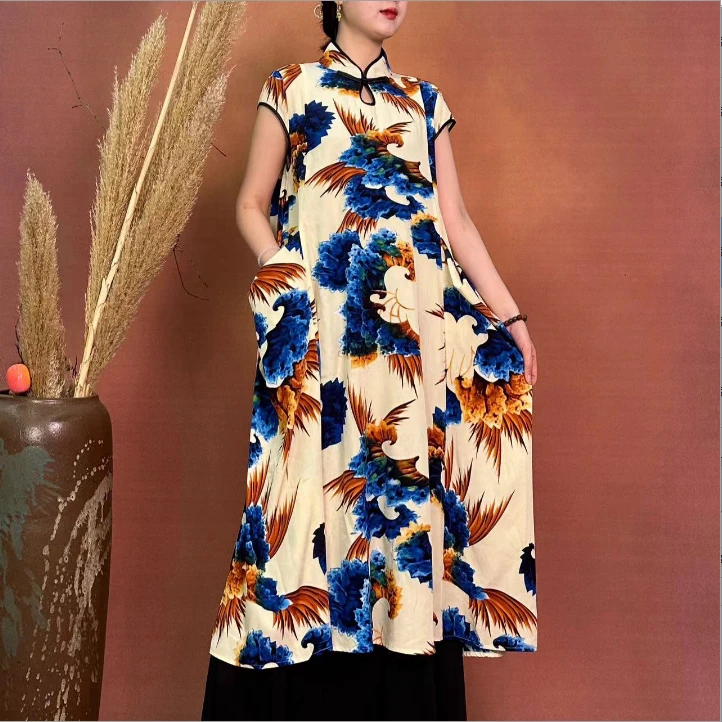 【大海轻奢】L23439--10新款水彩海浪双口袋改良式时尚长款旗袍