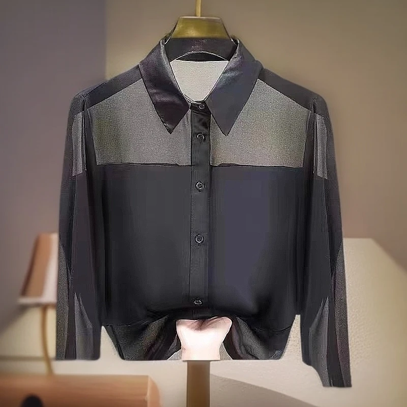 【素境】007新款长袖防嗮上衣黑色高级感衬衣春季时尚洋气小衫