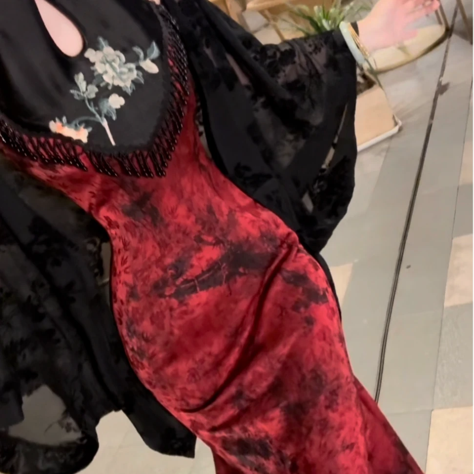 LHMknk1画报夫人原创自制国风高级夏季显瘦收腰连衣裙 黛山红