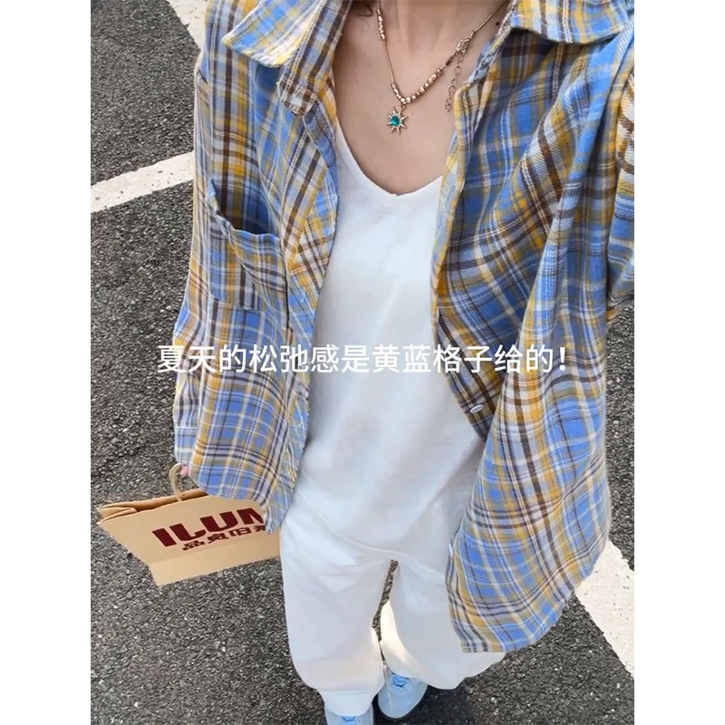 黄蓝拼色格子衬衫男女夏季高级感潮流长袖衬衫慵懒风情侣衬衣外套
