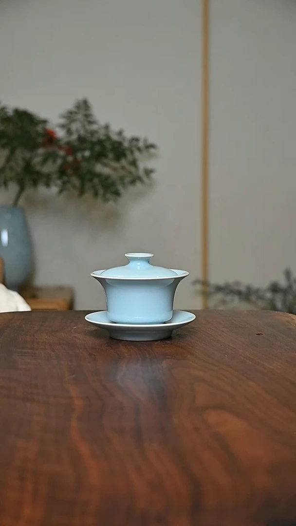 盖碗 天青 微瑕 朱家汝窑款