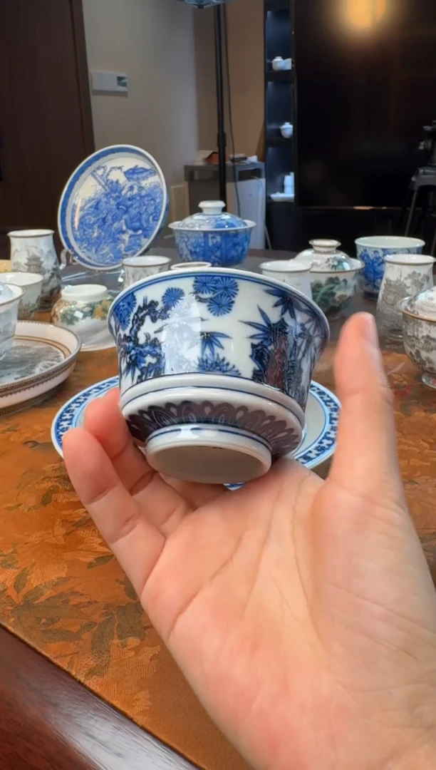 1*.青花锡斑松竹梅杯