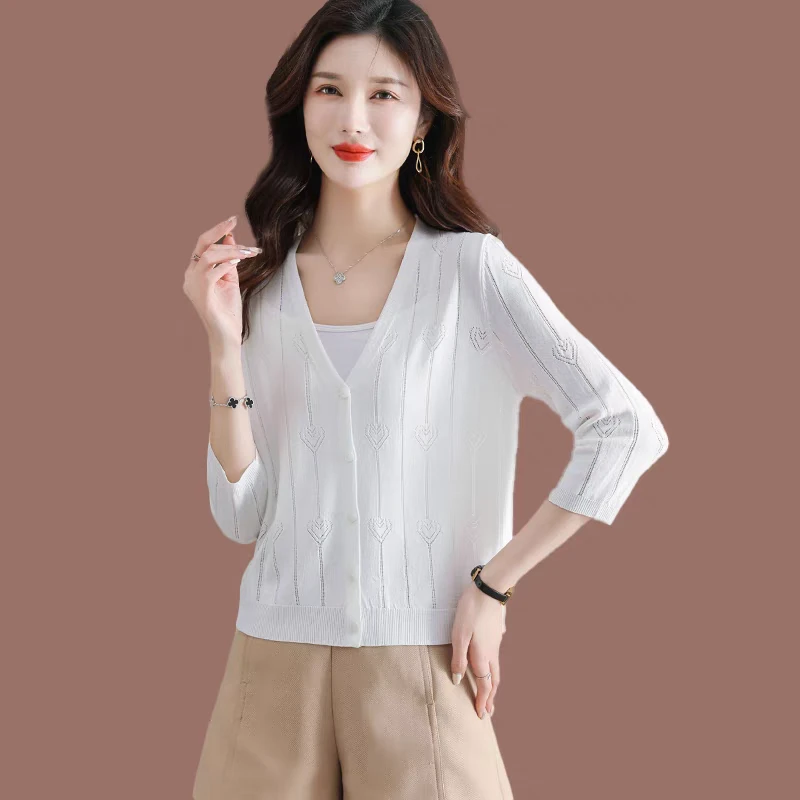 夏季薄款小披肩外套女空调衫2025新款短款上衣外搭七分袖针织开衫