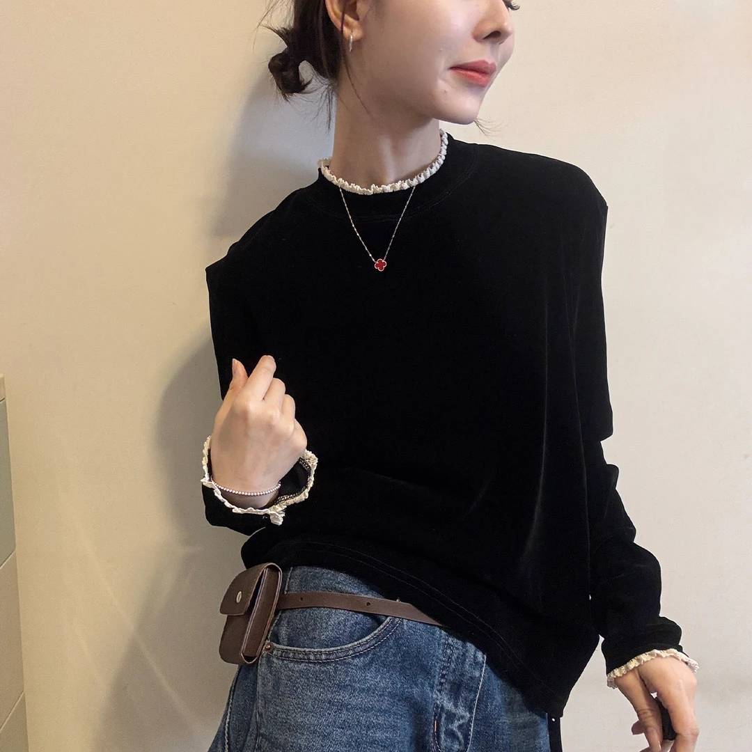 蕾丝花边拼接质感丝绒长袖T恤女早春新款纯色百搭显瘦高级感上衣