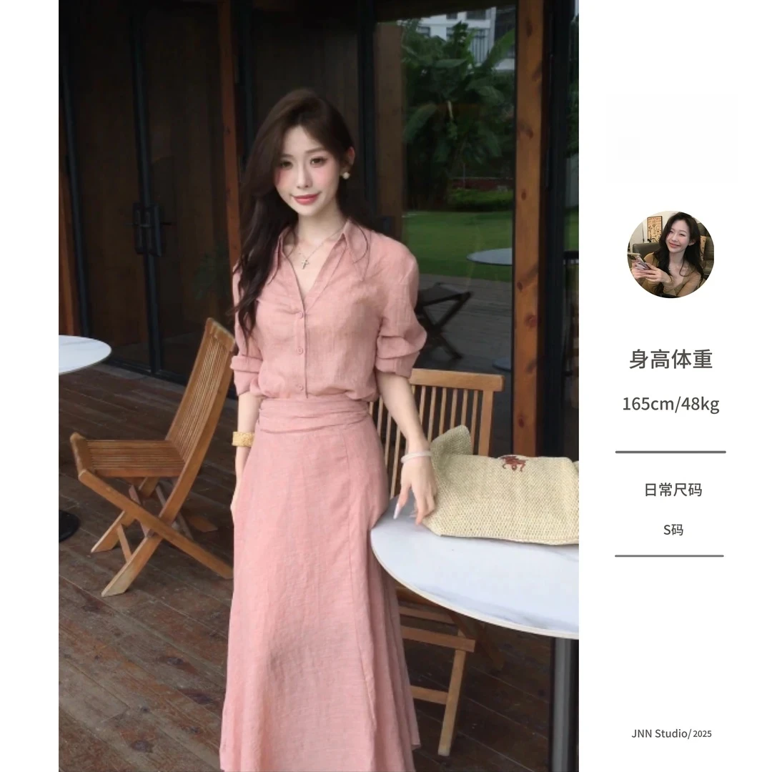 【现货】2025新款法式复古V领宽松气质长袖防晒衬衫+长裙两件套女