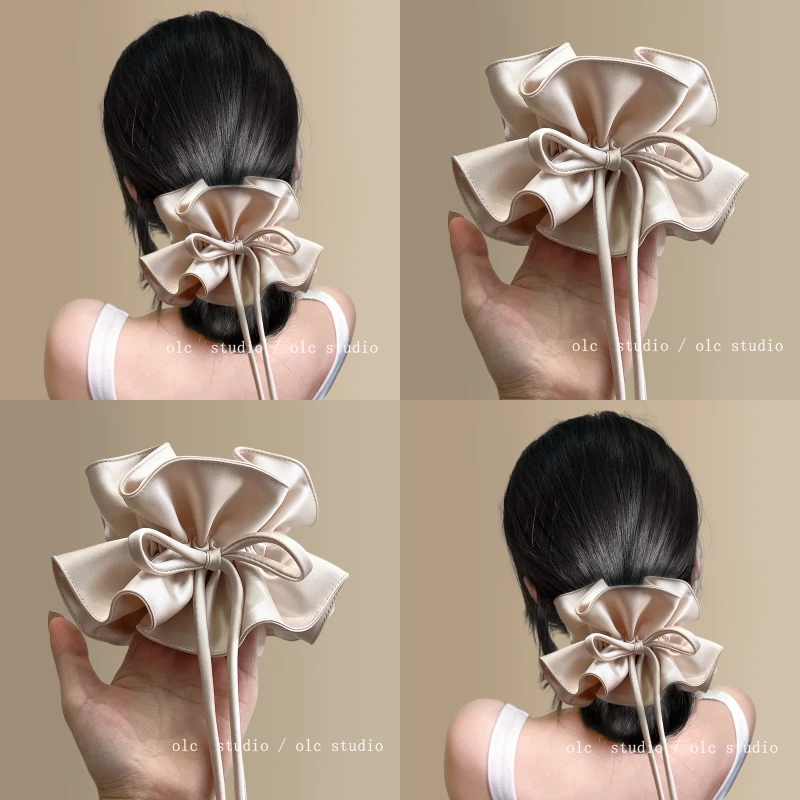 雾色樱粉~温柔双层褶皱蝴蝶结飘带大肠发圈女高级感2025新款头绳！