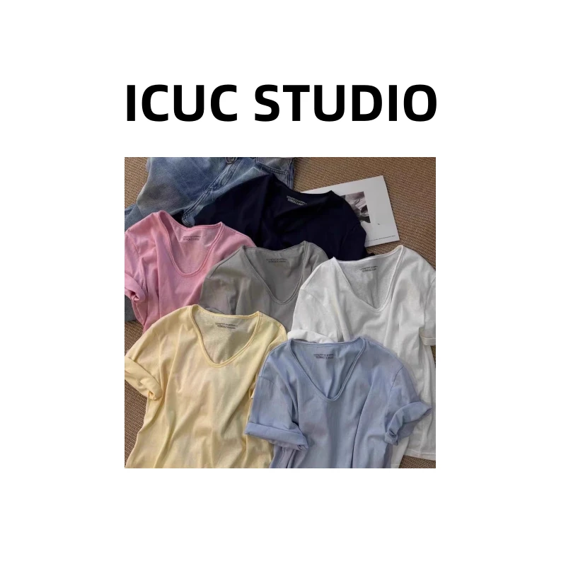 ICUC STUDIO-【高品质V领纯色短袖T恤】夏季新款时尚百搭上衣5935