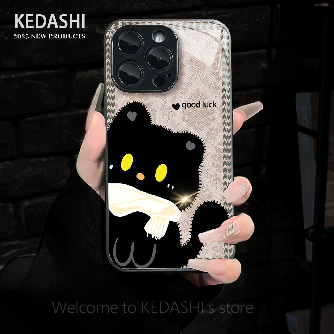 老花拼接黑猫玻璃壳适用苹果17promax华为vivo/oppo手链手机壳女