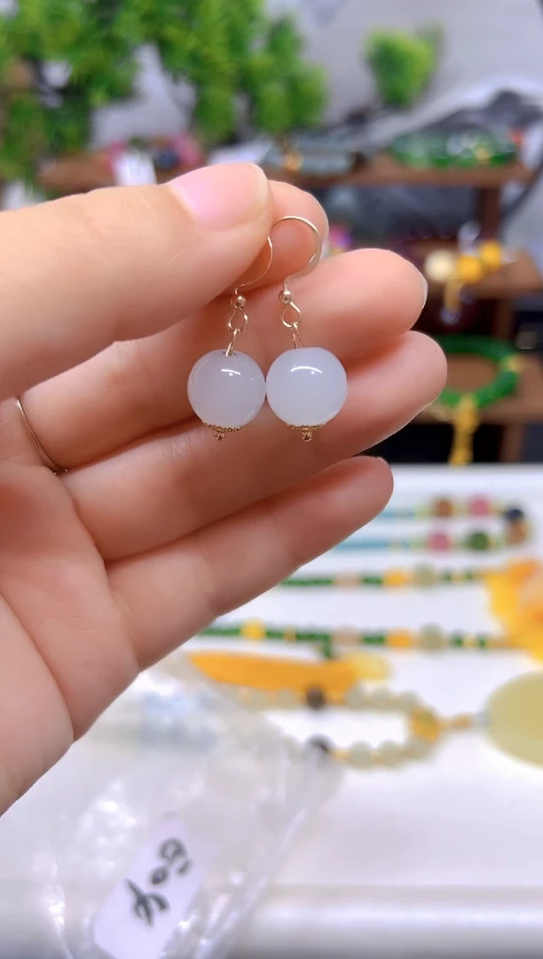 和田玉14K金镶嵌耳饰E04