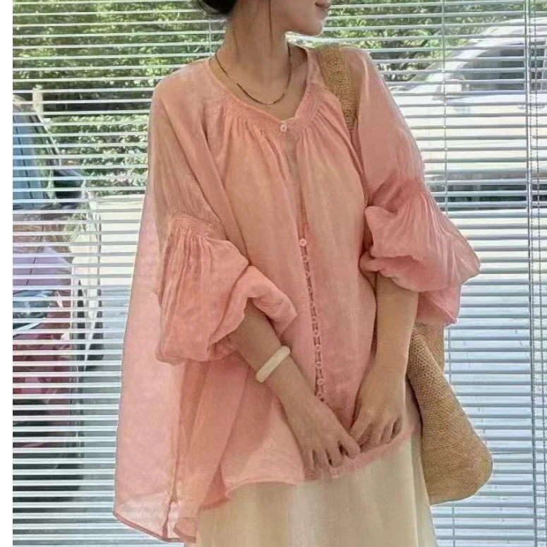 宗宗严选【森夏】2025新款纯苎麻设计感泡泡袖小衫夏微胖女上衣大版