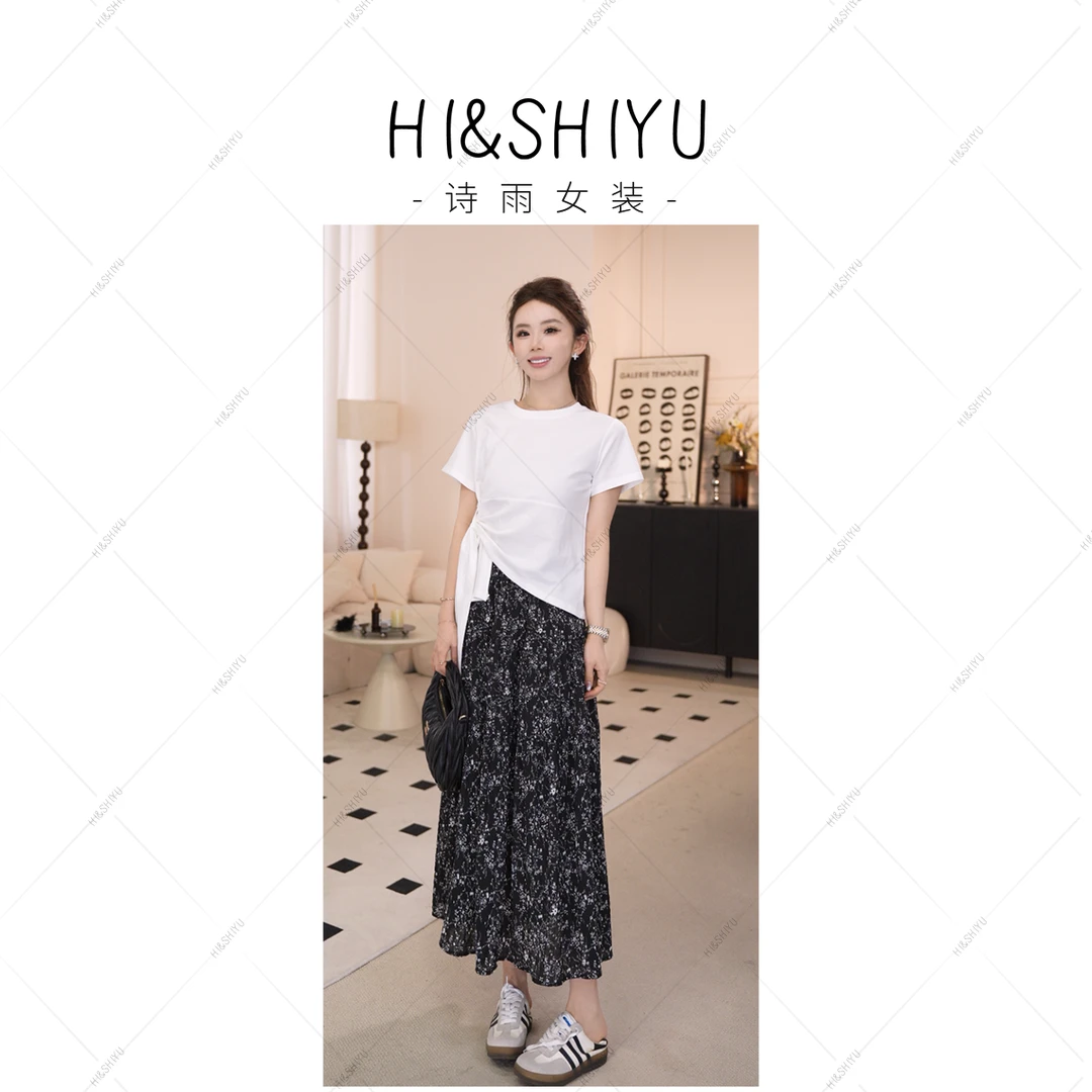 HISHIYU新品碎花雪纺半身裙遮胯大摆a字款百搭显瘦压褶裙女