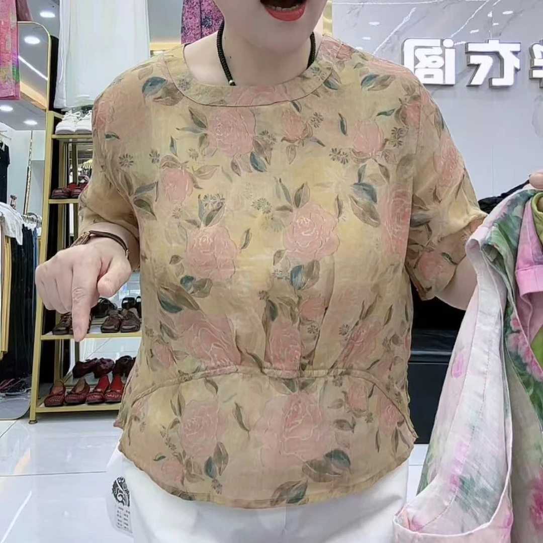 夏季女士新款圆领苎麻上衣T恤薄款透气