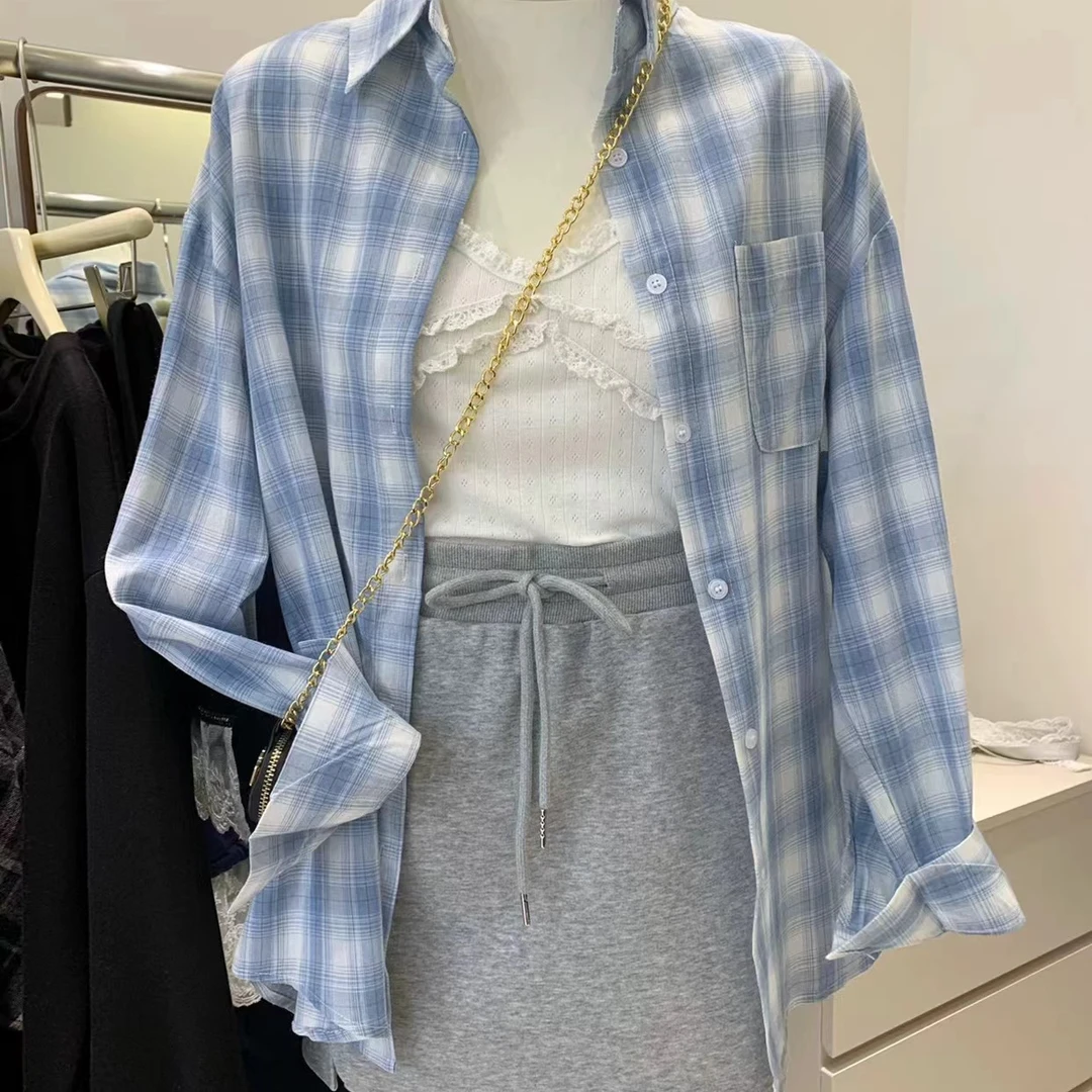 慵懒风翻领格子衬衫女夏季薄款时尚宽松休闲中长款防晒衬衣外套潮