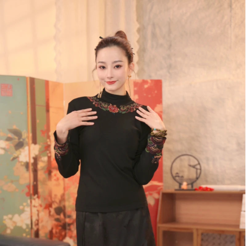【祥云牡丹】中式显瘦民族风刺绣彩线雅韵百搭打底衫长袖时尚黑色