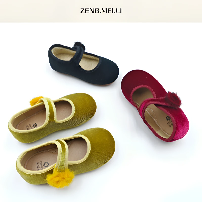 ZML 春秋小女孩公主鞋女童毛球单里鞋子丝绒魔术贴玛丽珍儿童单鞋