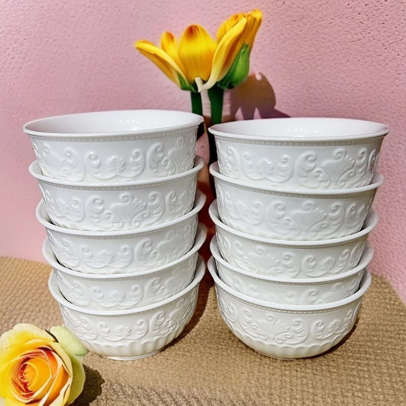 10个装5.25寸汤饭碗那奶茶欧式白瓷茶碗瓷碗面碗奶茶釉下彩浮雕