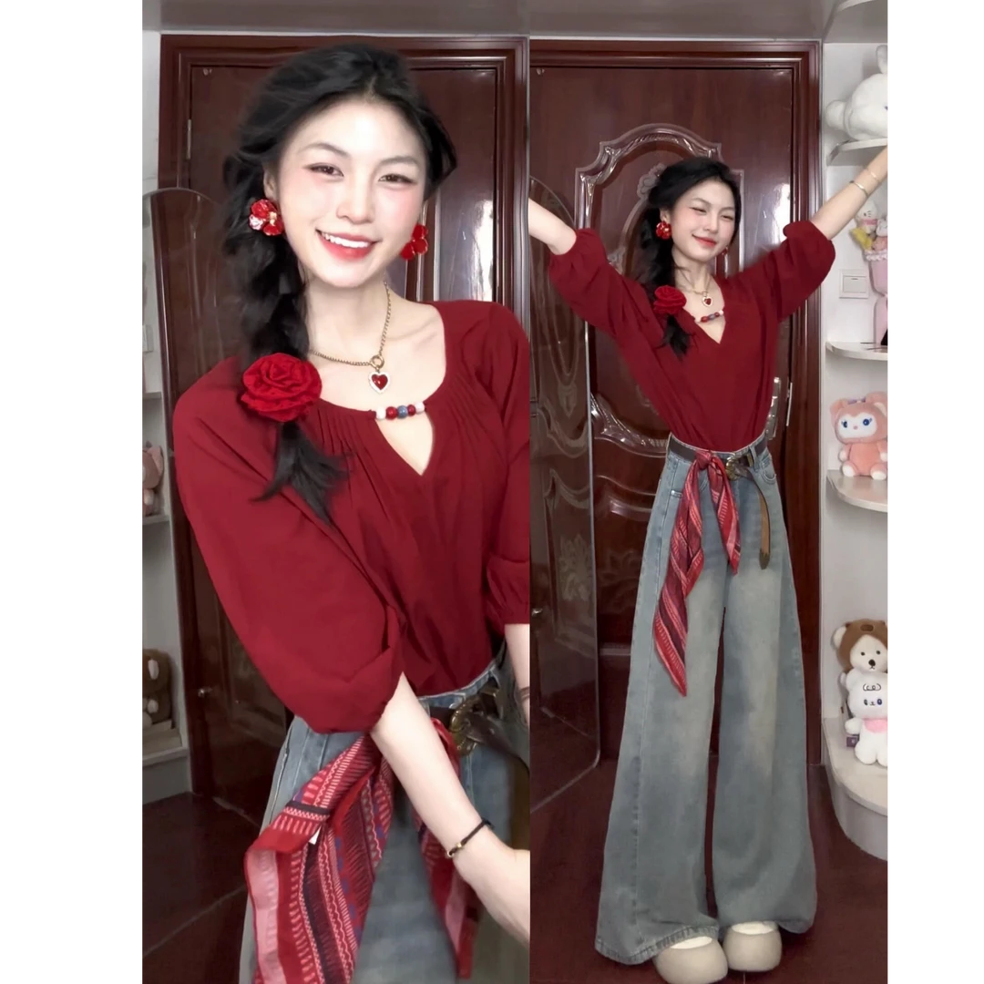 2025早秋新款法式复古镂空设计半袖衬衫上衣搭高腰显瘦阔腿裤套装