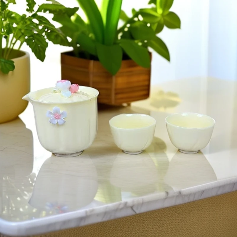 黄色手捏花一壶两杯带包户外便携式旅行茶具快客杯