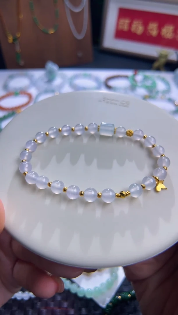 足金镶嵌手串翡翠正冰白月光系列！卡6正冰白雪公主！简约大气！