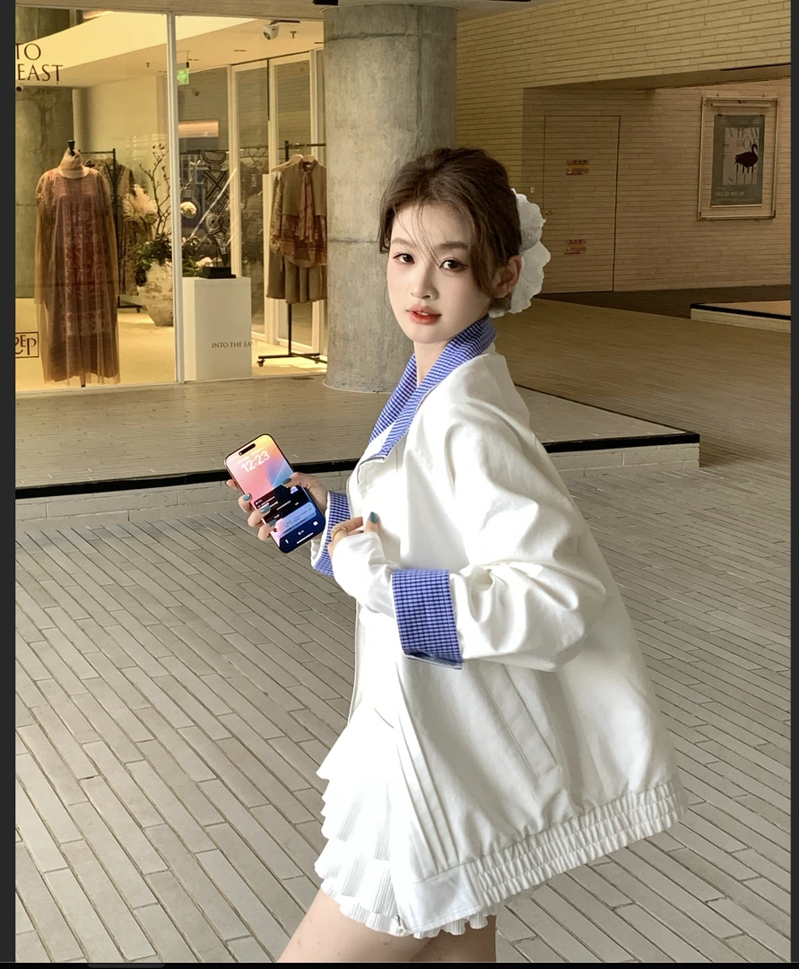 SSYDFER【一样的月光】春款拼接蓝色领口设计感时尚百搭立领外套