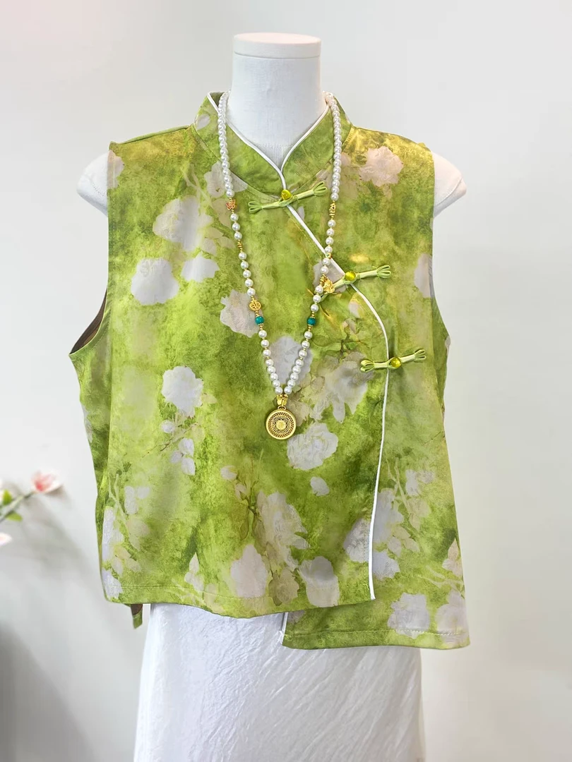 国风马甲女无袖衬衫背心2025夏季新款新中式盘扣斜襟上衣薄款马夹