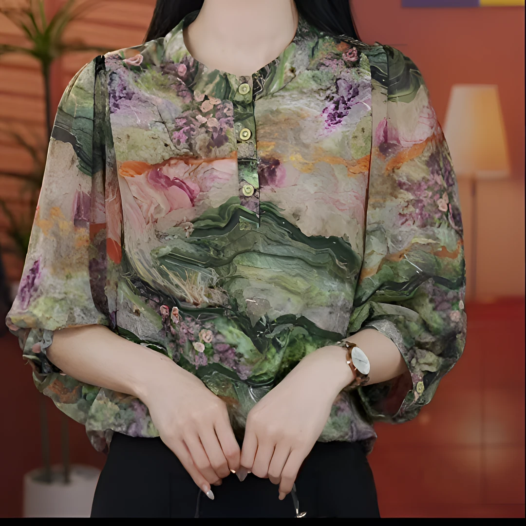 2025减龄高档衬衫春夏季新款时尚七分袖印花显瘦洋气宽松上衣女潮