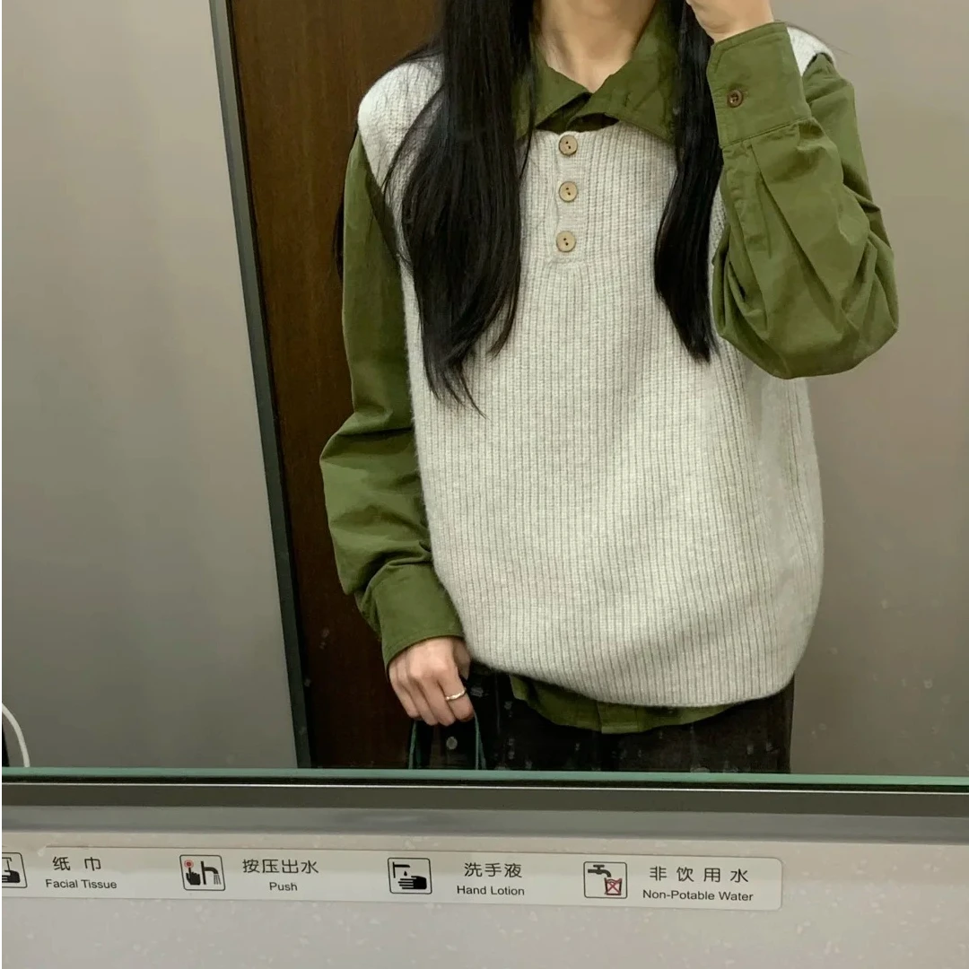 高智感穿搭一整套韩系简约通勤百搭绿色衬衫针织马甲两件套装女秋