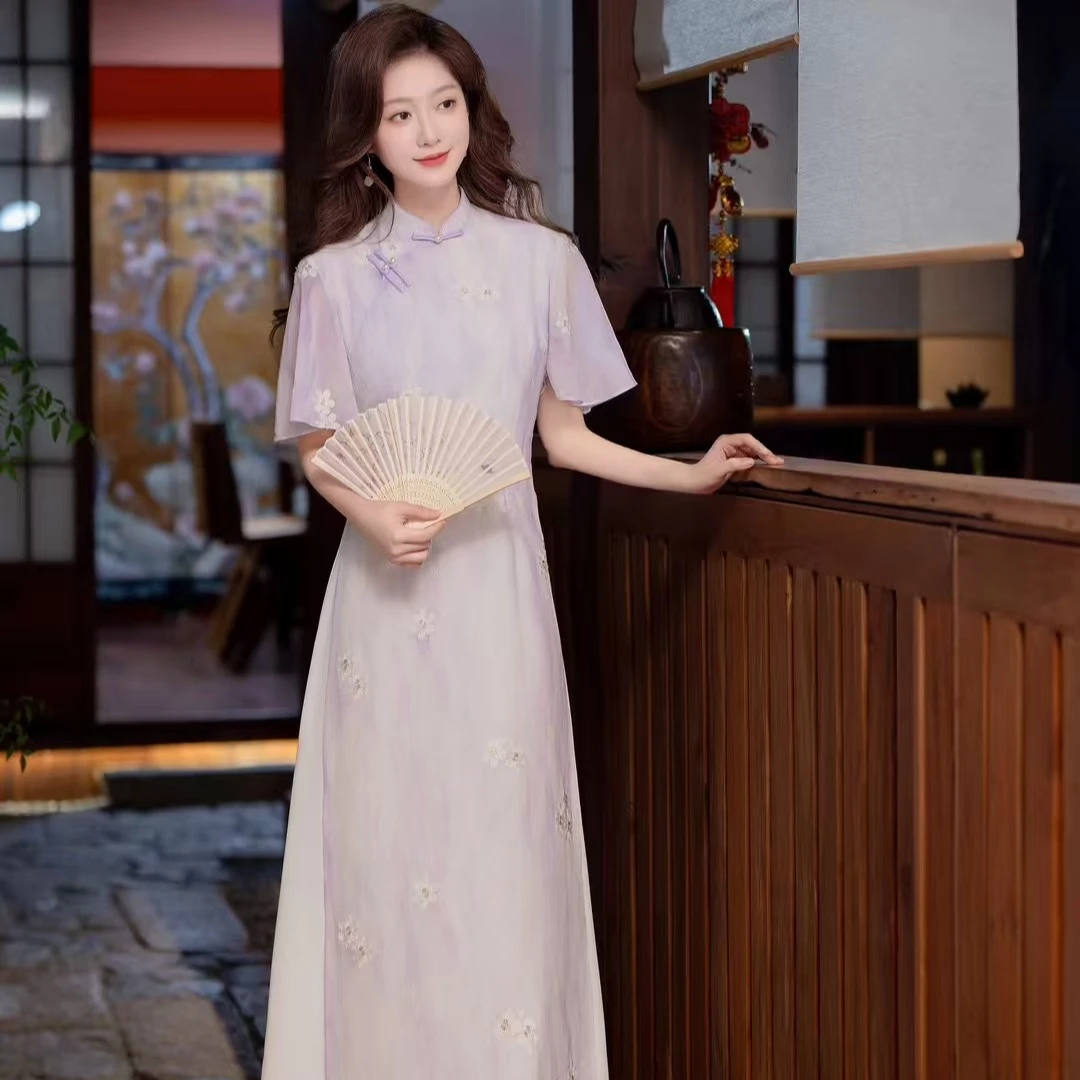 【华夫人】2025年夏季新款 奥黛不开叉 中国风改良紫蓝黄三色旗袍