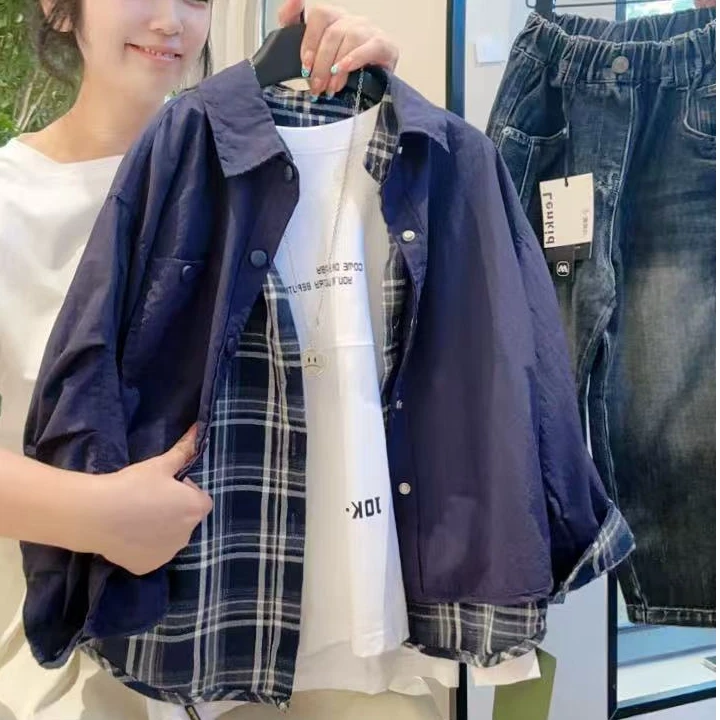 男童格子上衣宽松单排扣两面穿秋季假两件不起球夹克长袖时尚洋气