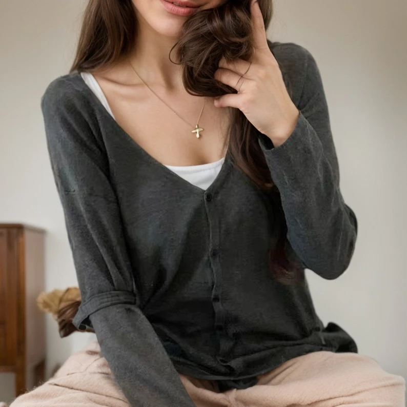 XY-毛针织衫休闲百搭时尚V领女毛衣开衫长袖休闲宽松针织衫