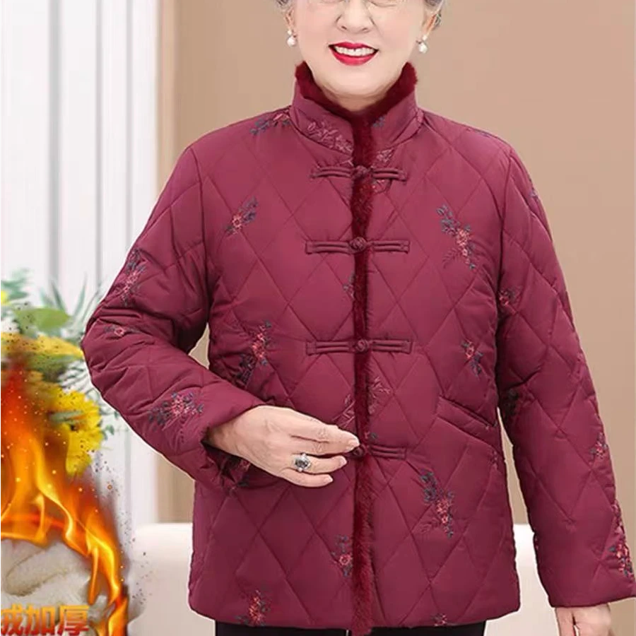 8217-春秋新款唐装气质优雅盘扣加薄绒妈妈装外套女