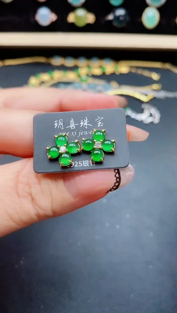 翡翠银S925镶嵌耳饰86006