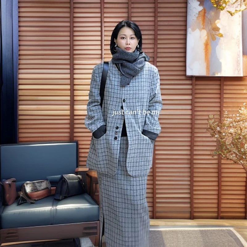 MISS MIN  S7713 女秋新款毛呢格子高腰显瘦开叉设计感a字裙中裙