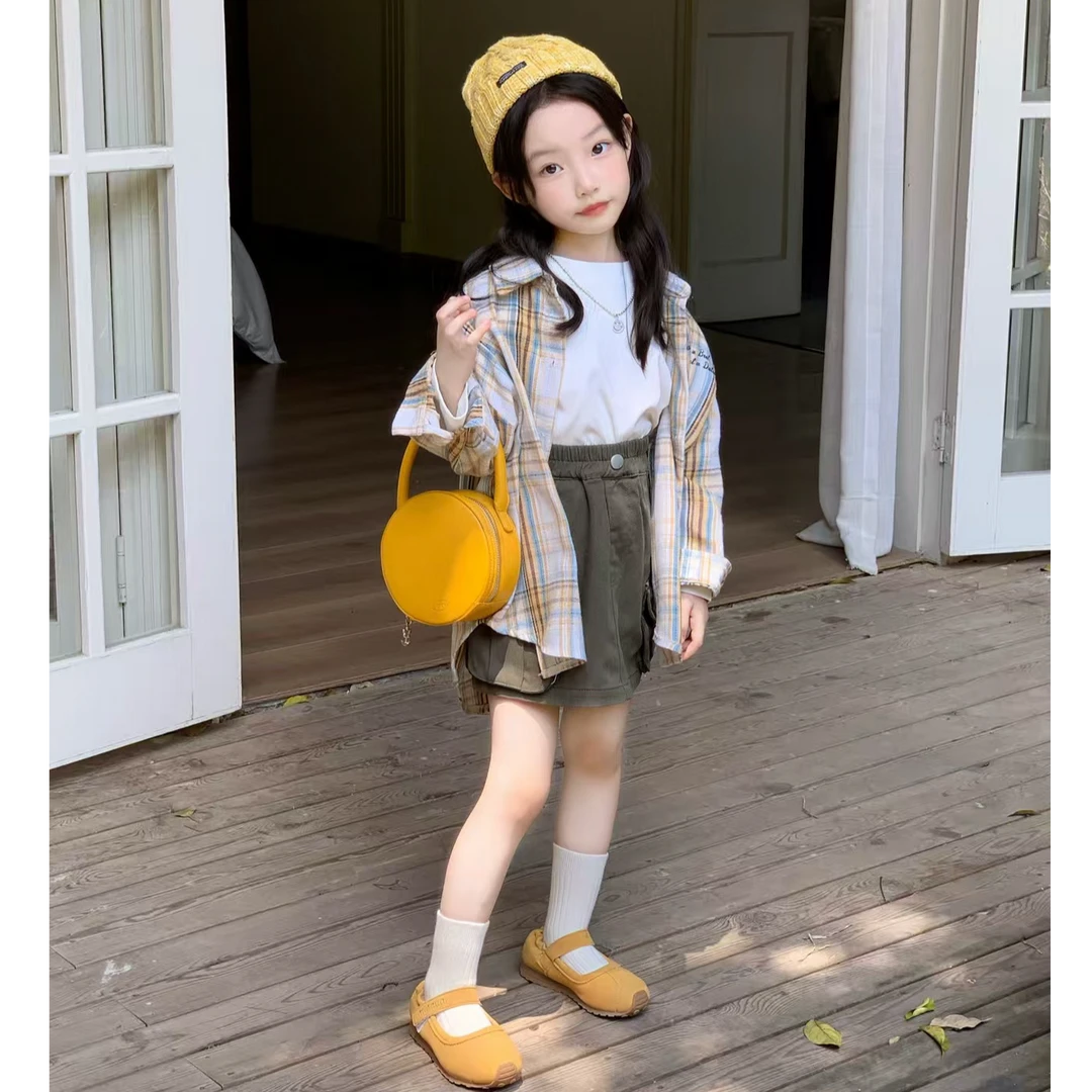 女童衬衫2025秋季新款套装卡通印花格子衬衫+白T+工装半身裙潮