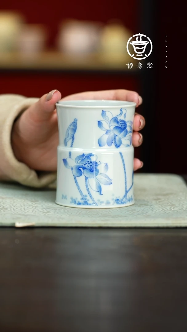 禄意窑青花荷花可乐杯