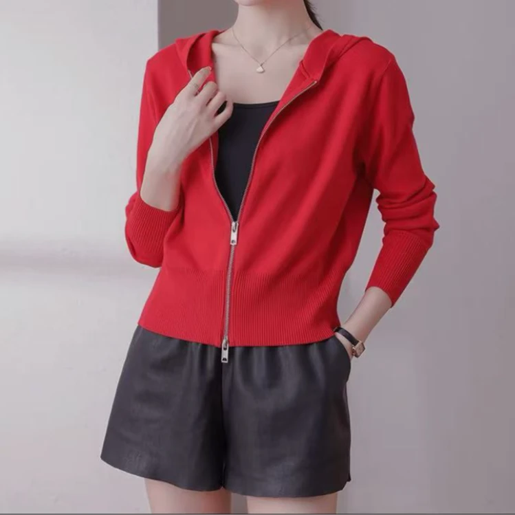 早春M1240红双拉链连帽针织衫