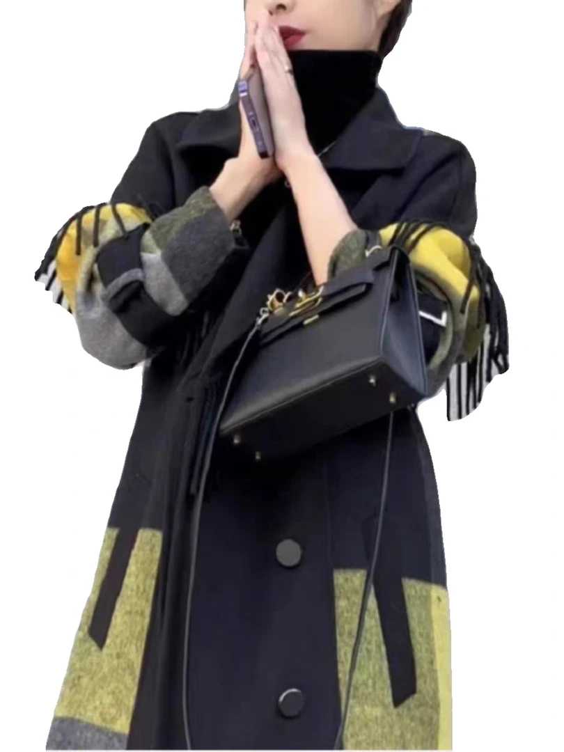 格子双面毛呢外套2024新款气质高级感长款流苏拼色双面羊大衣